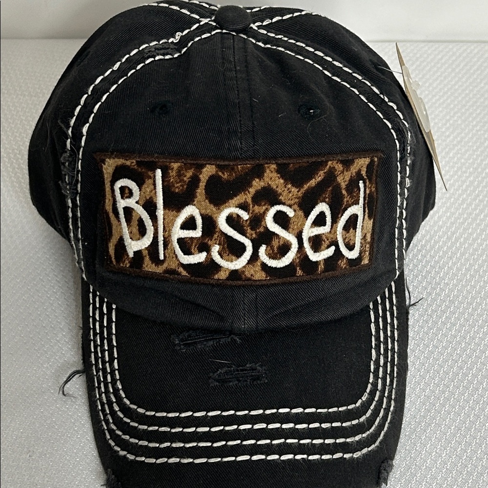 Black Leopard Print Distressed Style Blessed Baseball Hat Adjustable Back Cap